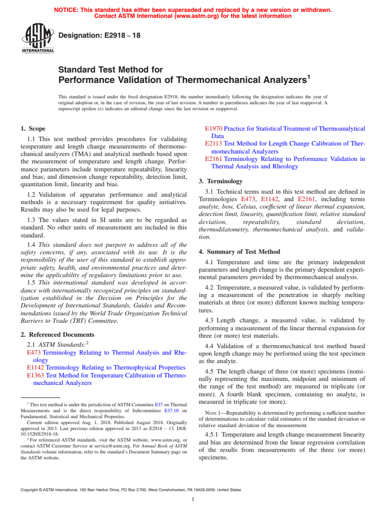 ASTM E2918-18 - Standard Test Method for Performance Validation of Thermomechanical Analyzers