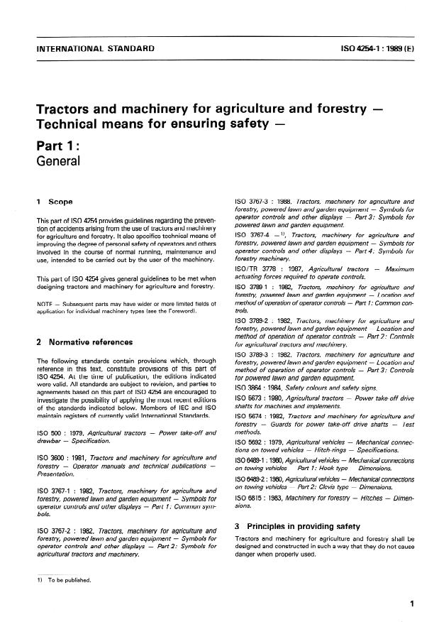 ISO 4254-1:1989 - Tractors and machinery for agriculture and forestry -- Technical means for ensuring safety