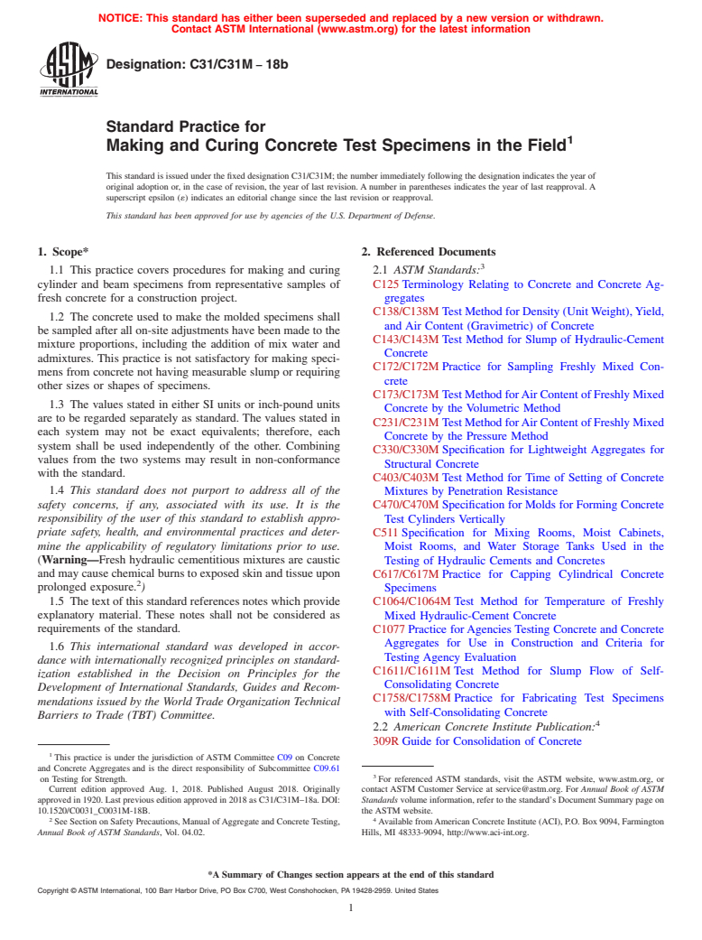 ASTM C31/C31M-18b - Standard Practice for  Making and Curing Concrete Test Specimens in the Field