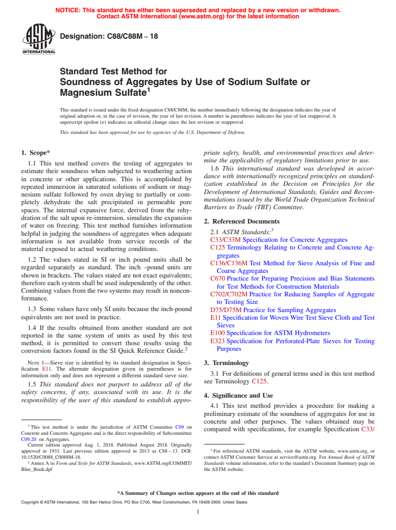 ASTM C88/C88M-18 - Standard Test Method for  Soundness of Aggregates by Use of Sodium Sulfate or Magnesium  Sulfate