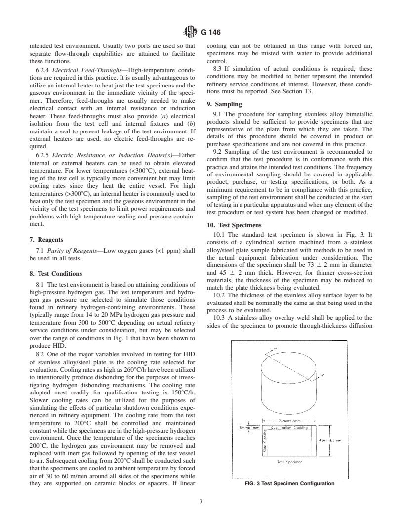 ASTM G146-01 - Standard Practice for Evaluation of Disbonding of Bimetallic Stainless Alloy/Steel Plate for Use in High-Pressure, High-Temperature Refinery Hydrogen Service