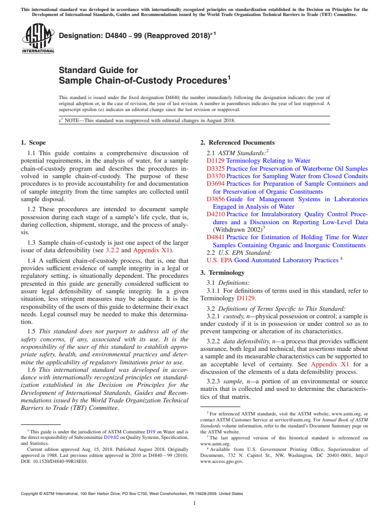 ASTM D4840-99(2018)e1 - Standard Guide for  Sample Chain-of-Custody Procedures