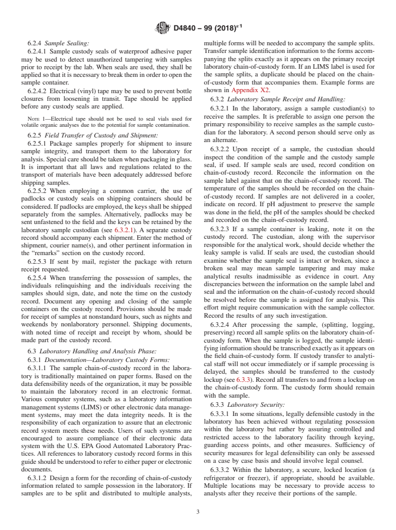 ASTM D4840-99(2018)e1 - Standard Guide for  Sample Chain-of-Custody Procedures