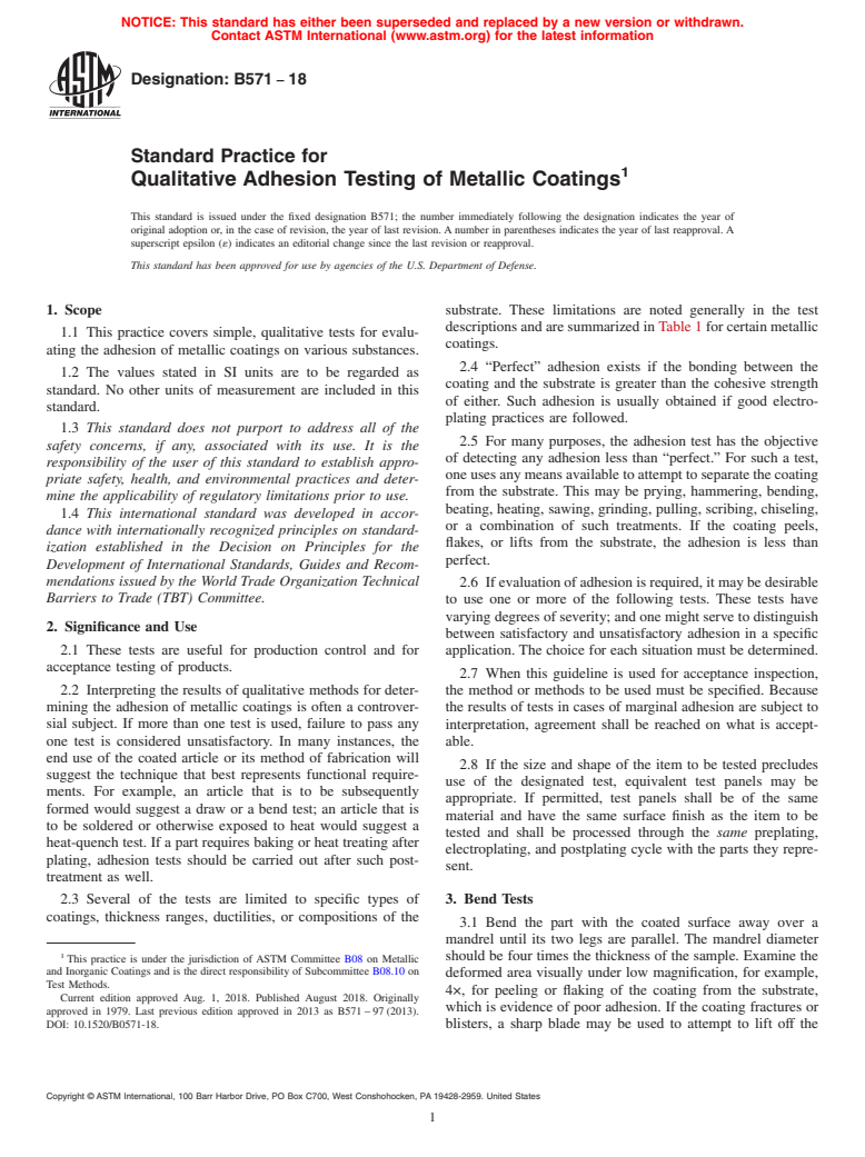 ASTM B571-18 - Standard Practice for  Qualitative Adhesion Testing of Metallic Coatings