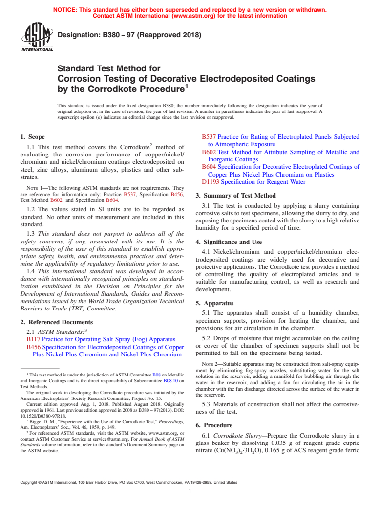 ASTM B380-97(2018) - Standard Test Method for  Corrosion Testing of Decorative Electrodeposited Coatings by  the Corrodkote Procedure