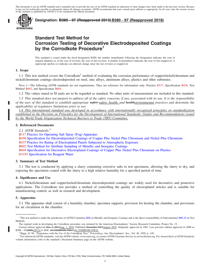 REDLINE ASTM B380-97(2018) - Standard Test Method for  Corrosion Testing of Decorative Electrodeposited Coatings by  the Corrodkote Procedure