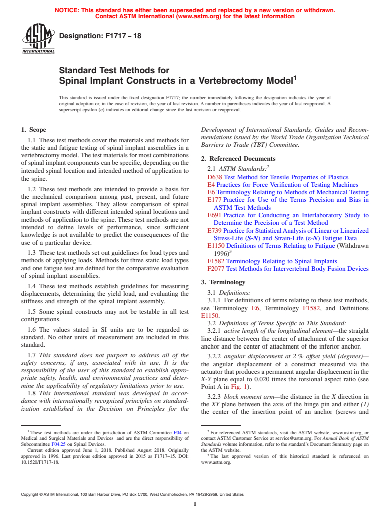 ASTM F1717-18 - Standard Test Methods for  Spinal Implant Constructs in a Vertebrectomy Model