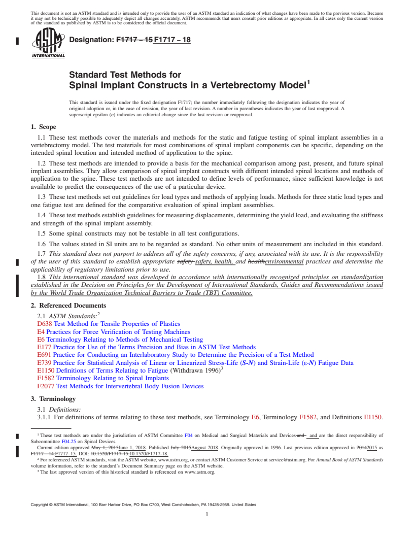 REDLINE ASTM F1717-18 - Standard Test Methods for  Spinal Implant Constructs in a Vertebrectomy Model