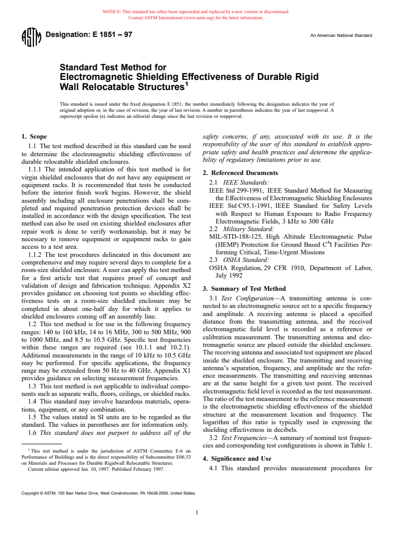 ASTM E1851-97 - Standard Test Method for Electromagnetic Shielding Effectiveness of Durable Rigid Wall Relocatable Structures