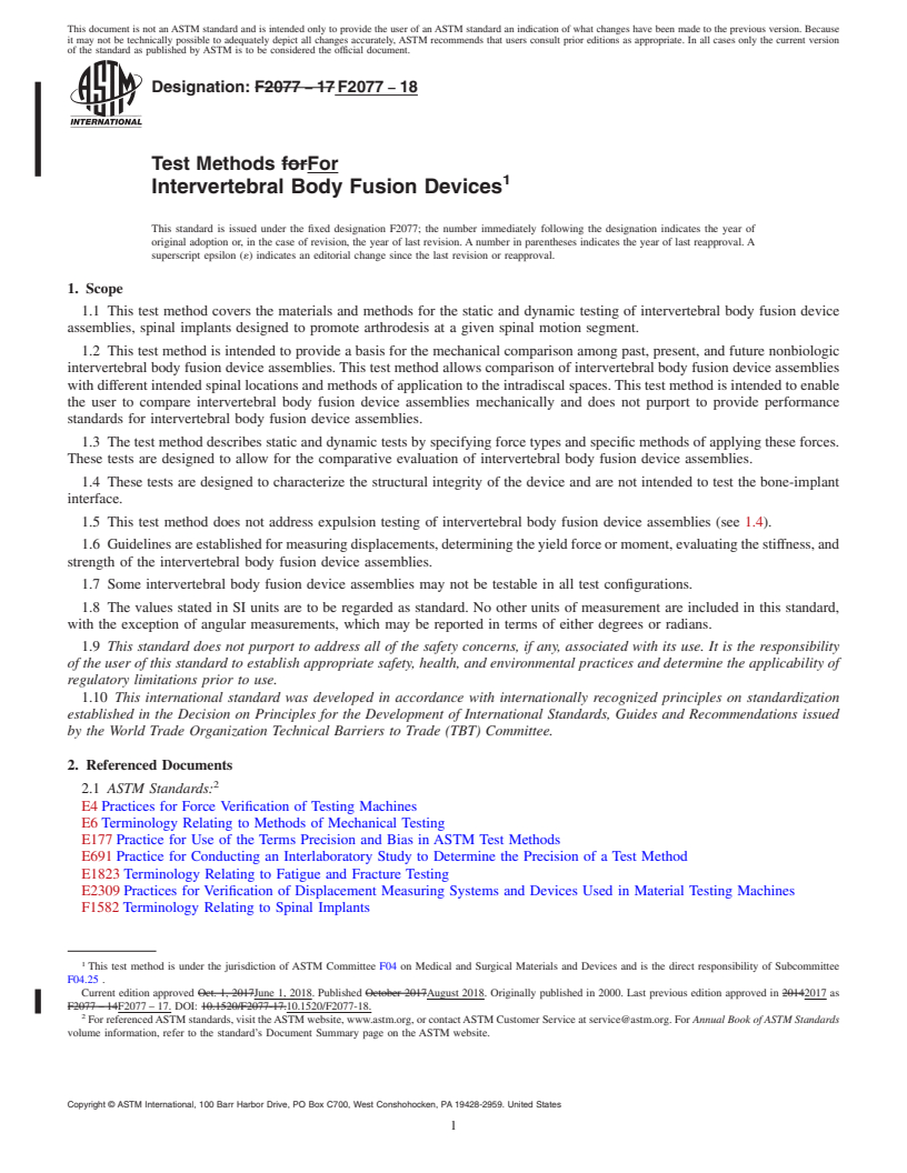 REDLINE ASTM F2077-18 - Test Methods For Intervertebral Body Fusion Devices