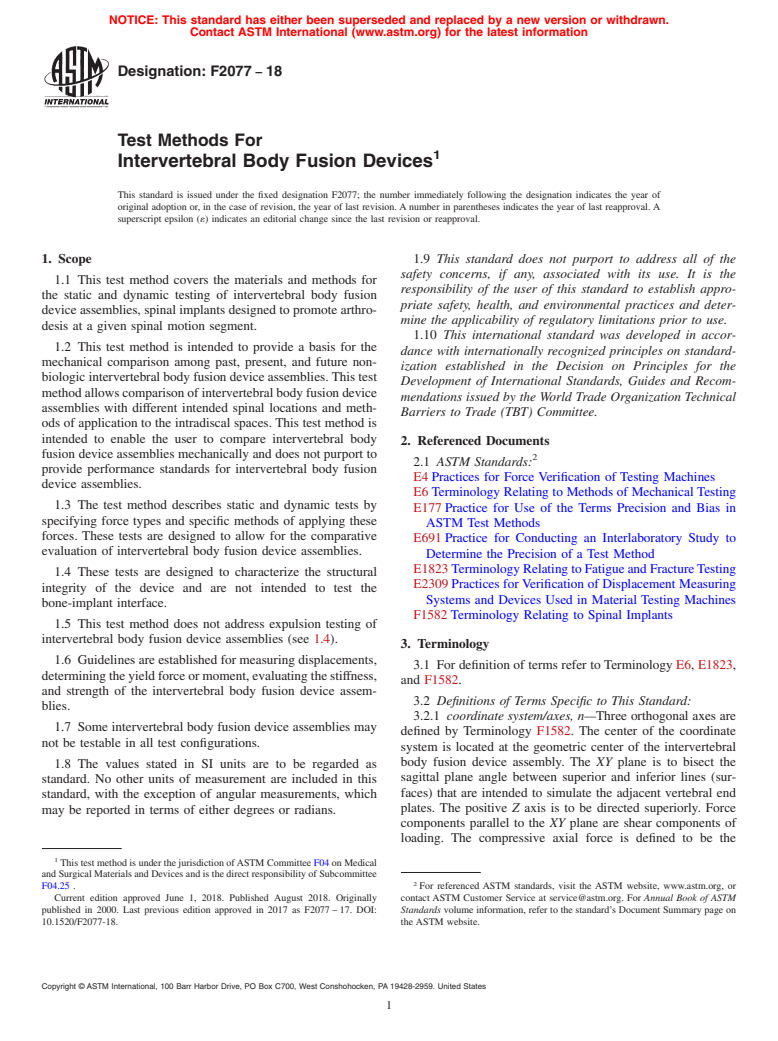 ASTM F2077-18 - Test Methods For Intervertebral Body Fusion Devices