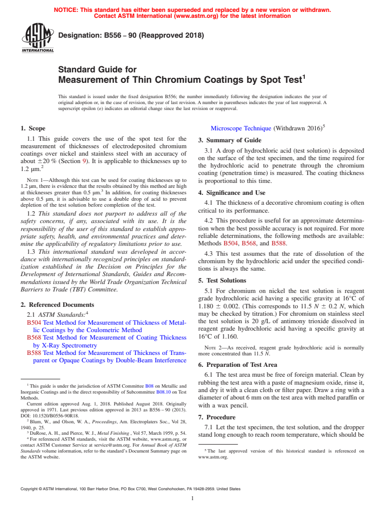 ASTM B556-90(2018) - Standard Guide for  Measurement of Thin Chromium Coatings by Spot Test