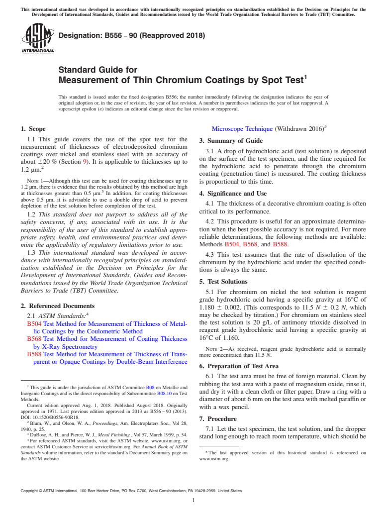 ASTM B556-90(2018) - Standard Guide for  Measurement of Thin Chromium Coatings by Spot Test