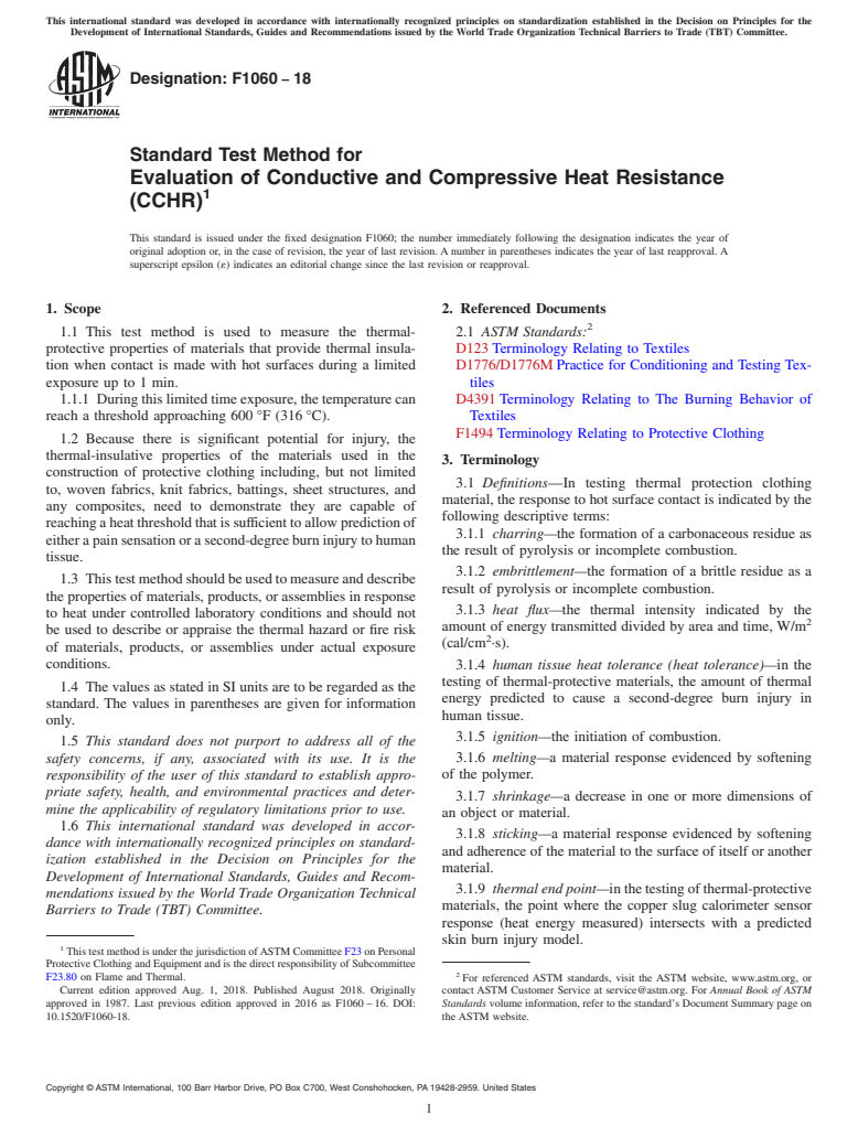 ASTM F1060-18 - Standard Test Method for  Evaluation of Conductive and Compressive Heat Resistance (CCHR)