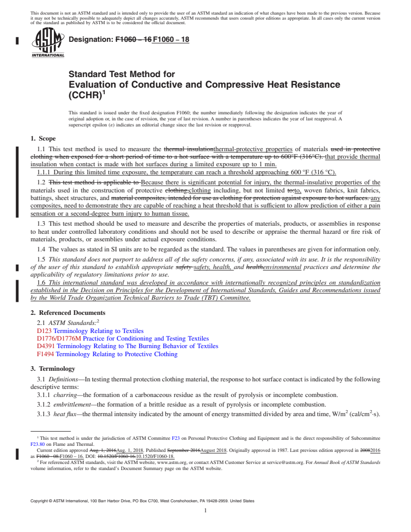 REDLINE ASTM F1060-18 - Standard Test Method for  Evaluation of Conductive and Compressive Heat Resistance (CCHR)