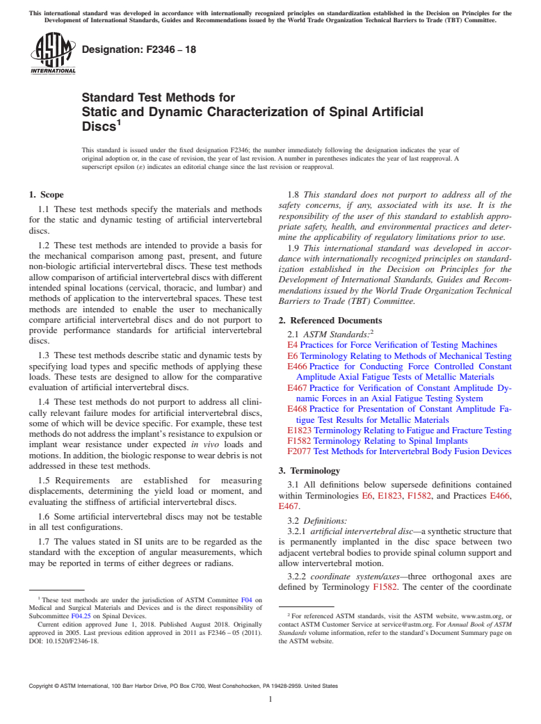 ASTM F2346-18 - Standard Test Methods for  Static and Dynamic Characterization of Spinal Artificial Discs