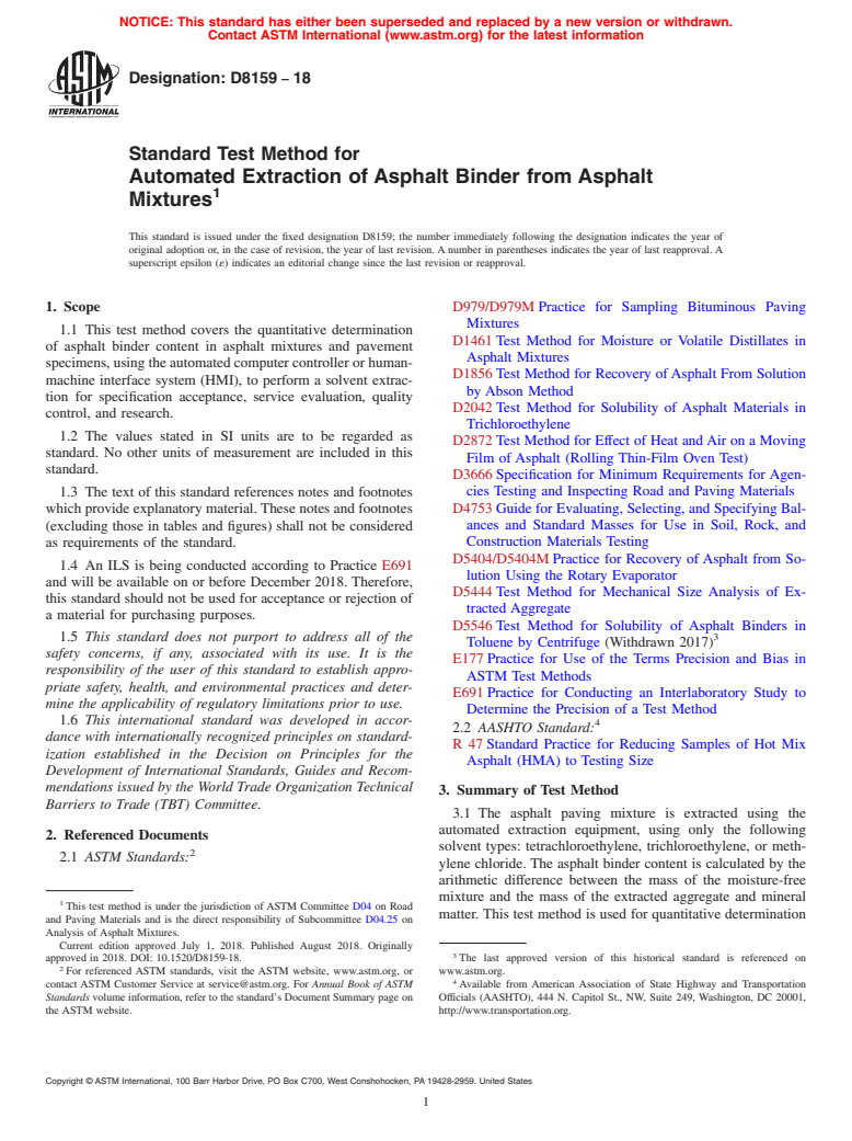ASTM D8159-18 - Standard Test Method for Automated Extraction of Asphalt Binder from Asphalt Mixtures