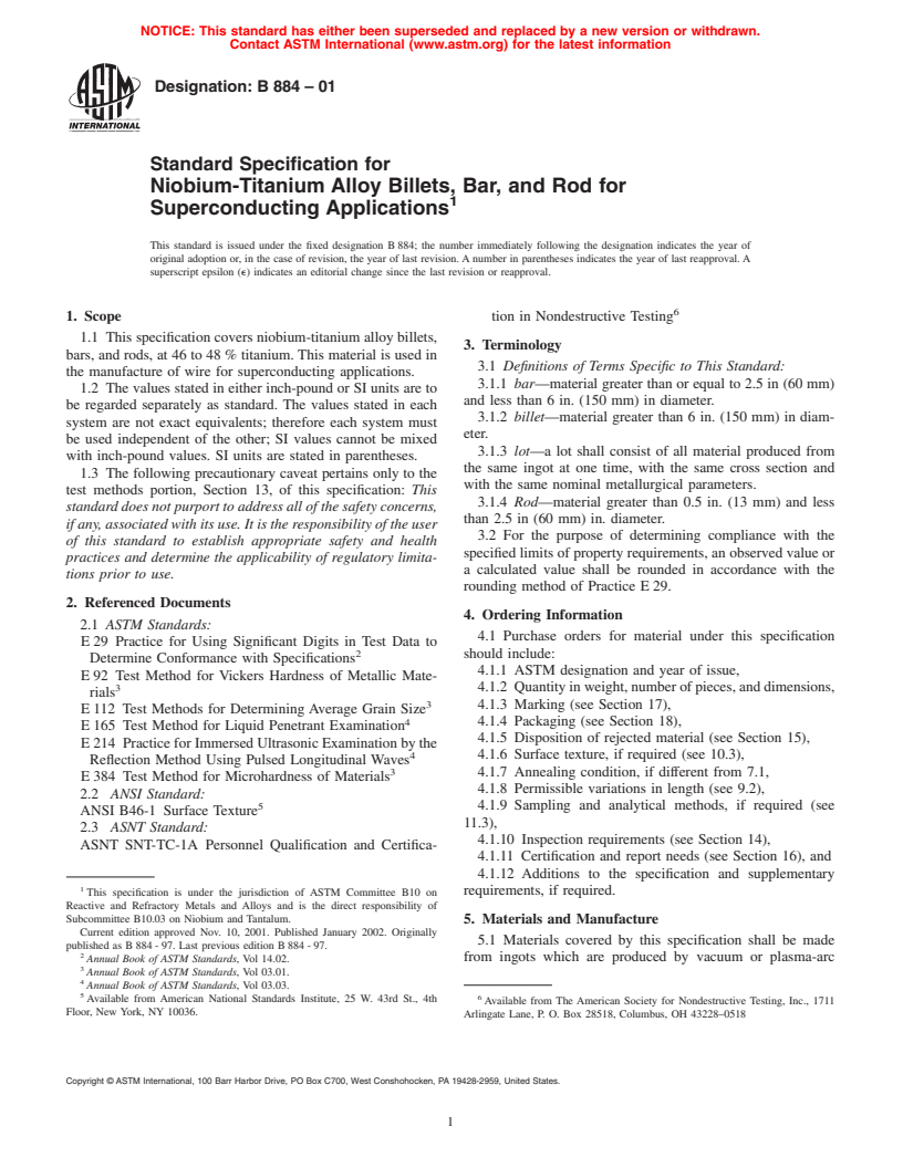 ASTM B884-01 - Standard Specification for Niobium-Titanium Alloy Billets, Bar and Rod for Superconducting Applications