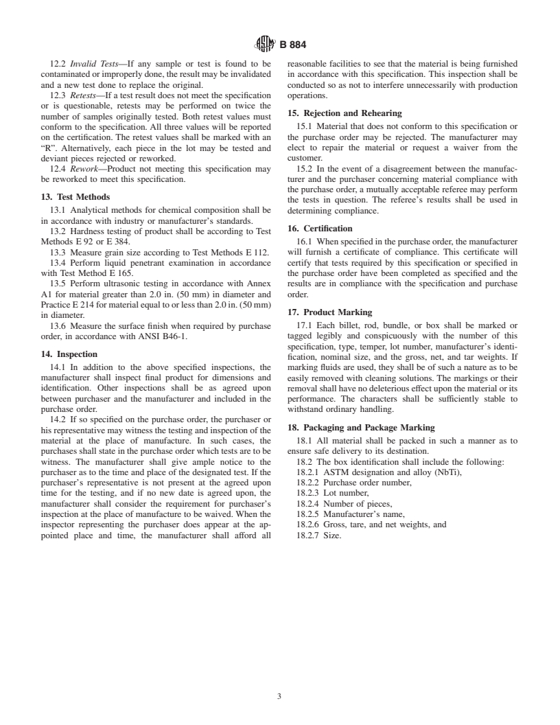 ASTM B884-01 - Standard Specification for Niobium-Titanium Alloy Billets, Bar and Rod for Superconducting Applications