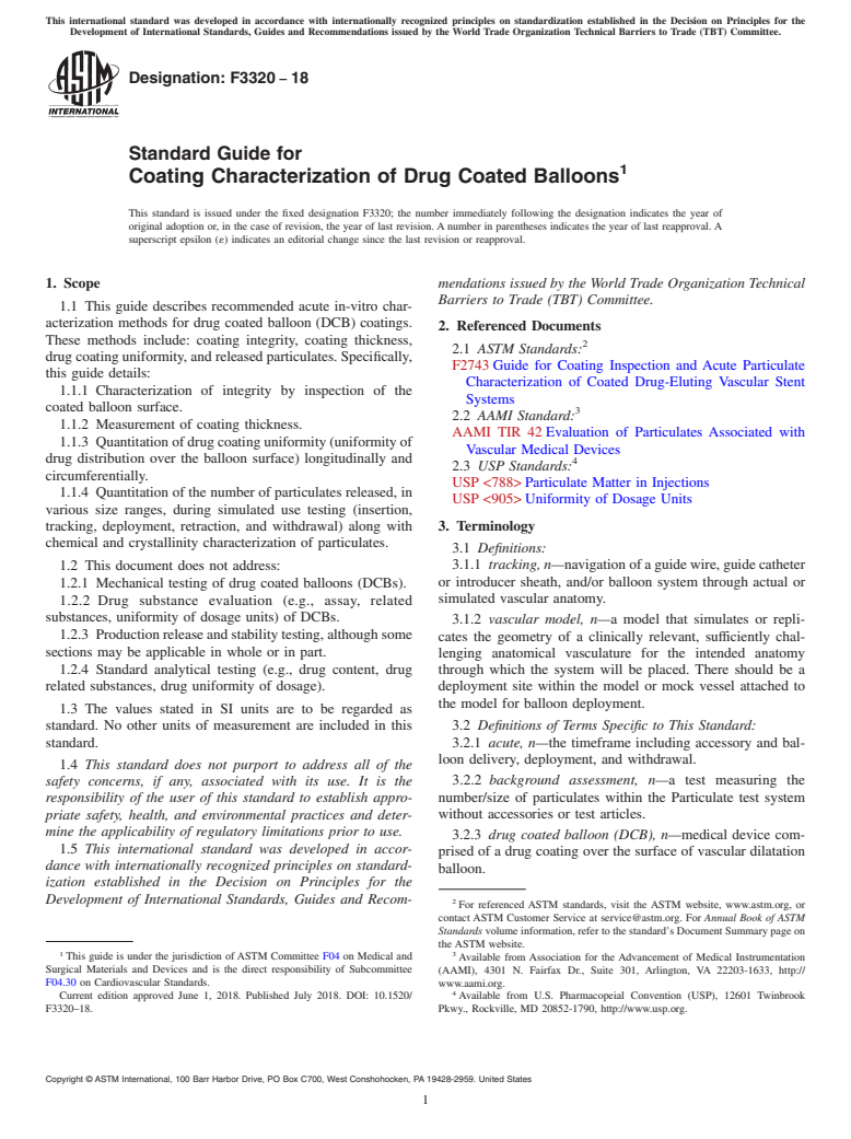 ASTM F3320-18 - Standard Guide for Coating Characterization of Drug Coated Balloons