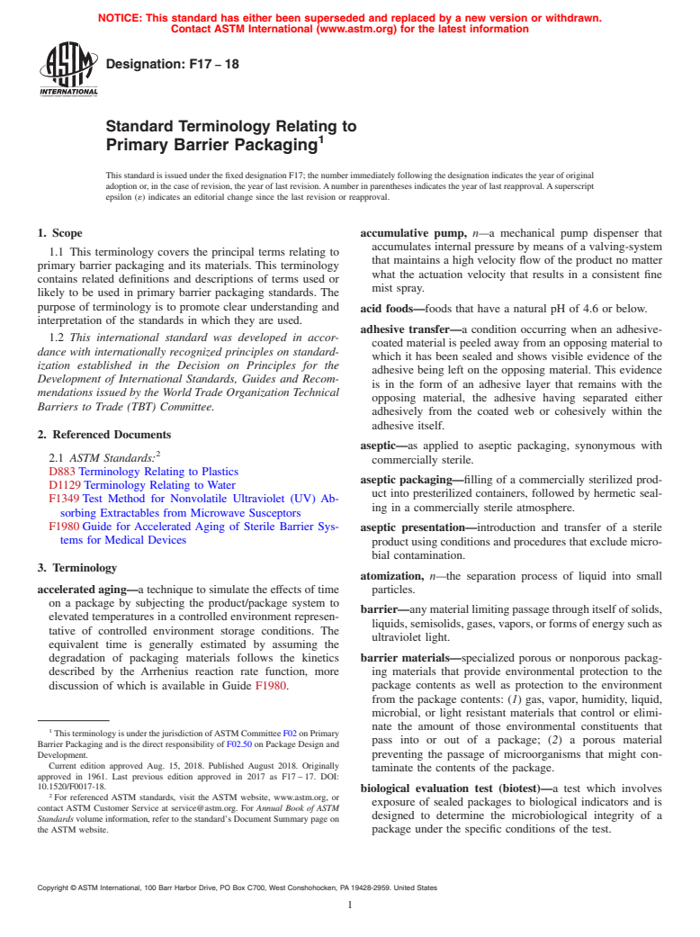 ASTM F17-18 - Standard Terminology Relating to  Primary Barrier Packaging