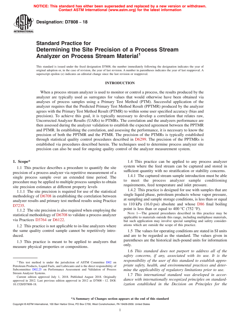 ASTM D7808-18 - Standard Practice for Determining the Site Precision of a Process Stream Analyzer  on Process Stream Material