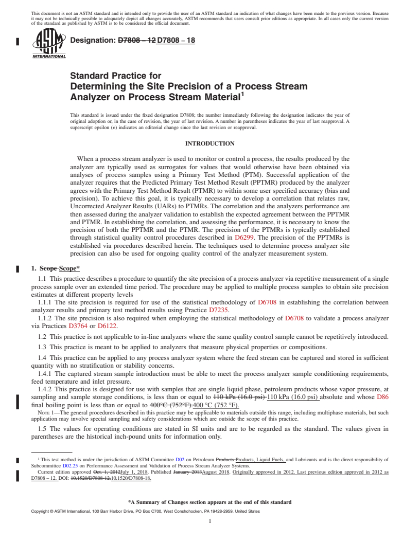 REDLINE ASTM D7808-18 - Standard Practice for Determining the Site Precision of a Process Stream Analyzer  on Process Stream Material