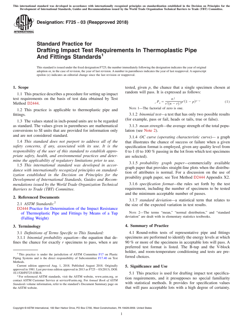 ASTM F725-03(2018) - Standard Practice for Drafting Impact Test Requirements In Thermoplastic Pipe And  Fittings Standards