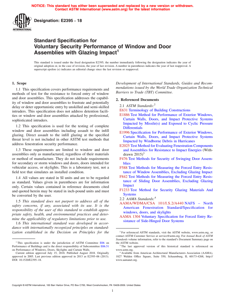 ASTM E2395-18 - Standard Specification for Voluntary Security Performance of Window and Door Assemblies  with Glazing Impact