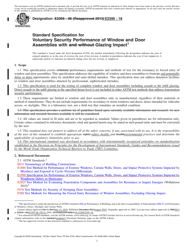 REDLINE ASTM E2395-18 - Standard Specification for Voluntary Security Performance of Window and Door Assemblies  with Glazing Impact