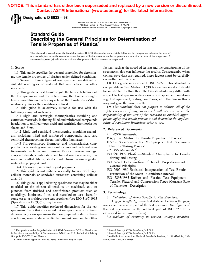 ASTM D5938-96 - Standard Test Method for Determination of Tensile Properties (Withdrawn 1998)