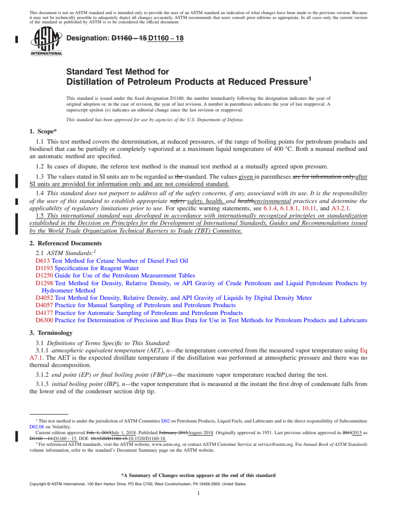 REDLINE ASTM D1160-18 - Standard Test Method for Distillation of Petroleum Products at Reduced Pressure