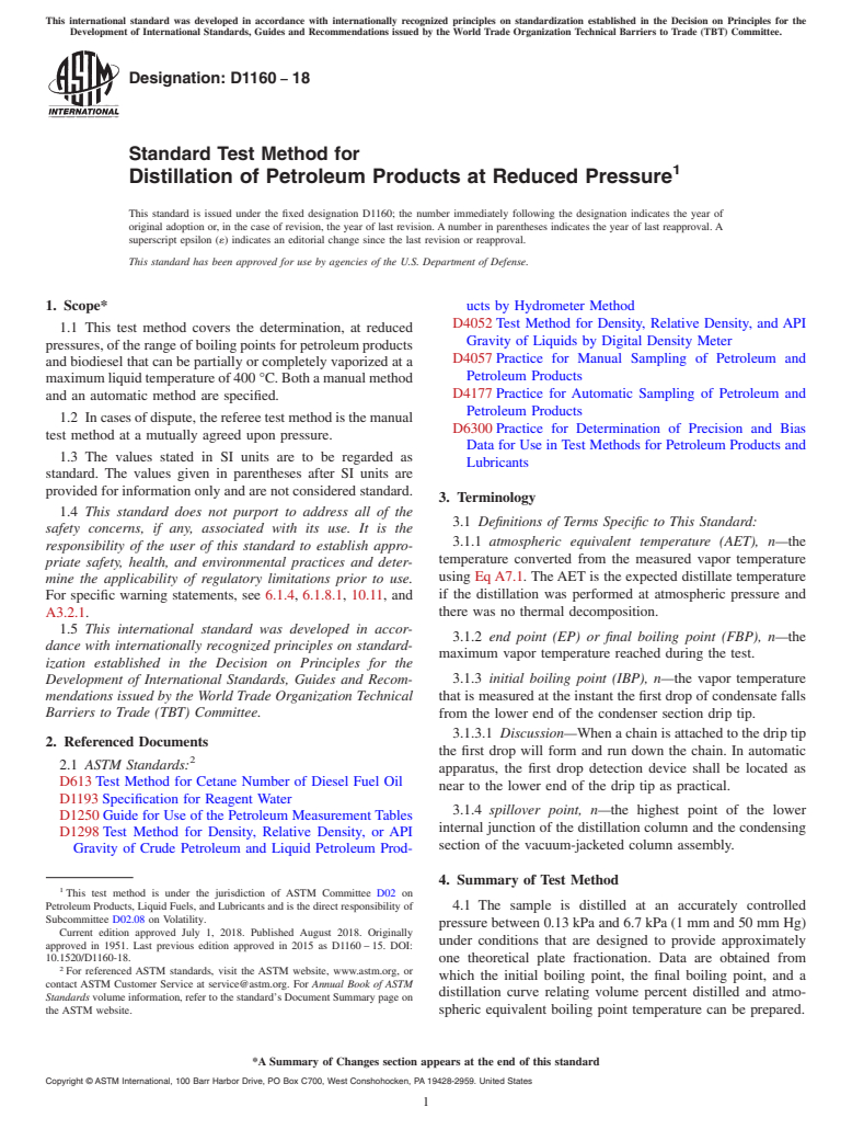 ASTM D1160-18 - Standard Test Method for Distillation of Petroleum Products at Reduced Pressure