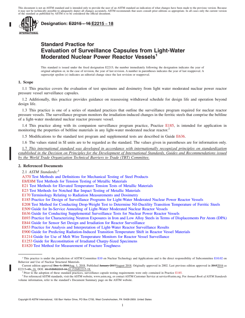 REDLINE ASTM E2215-18 - Standard Practice for  Evaluation of Surveillance Capsules from Light-Water Moderated  Nuclear Power Reactor Vessels