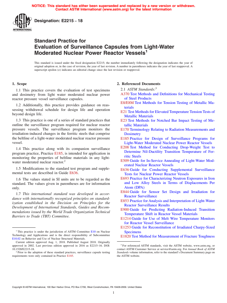 ASTM E2215-18 - Standard Practice for  Evaluation of Surveillance Capsules from Light-Water Moderated  Nuclear Power Reactor Vessels