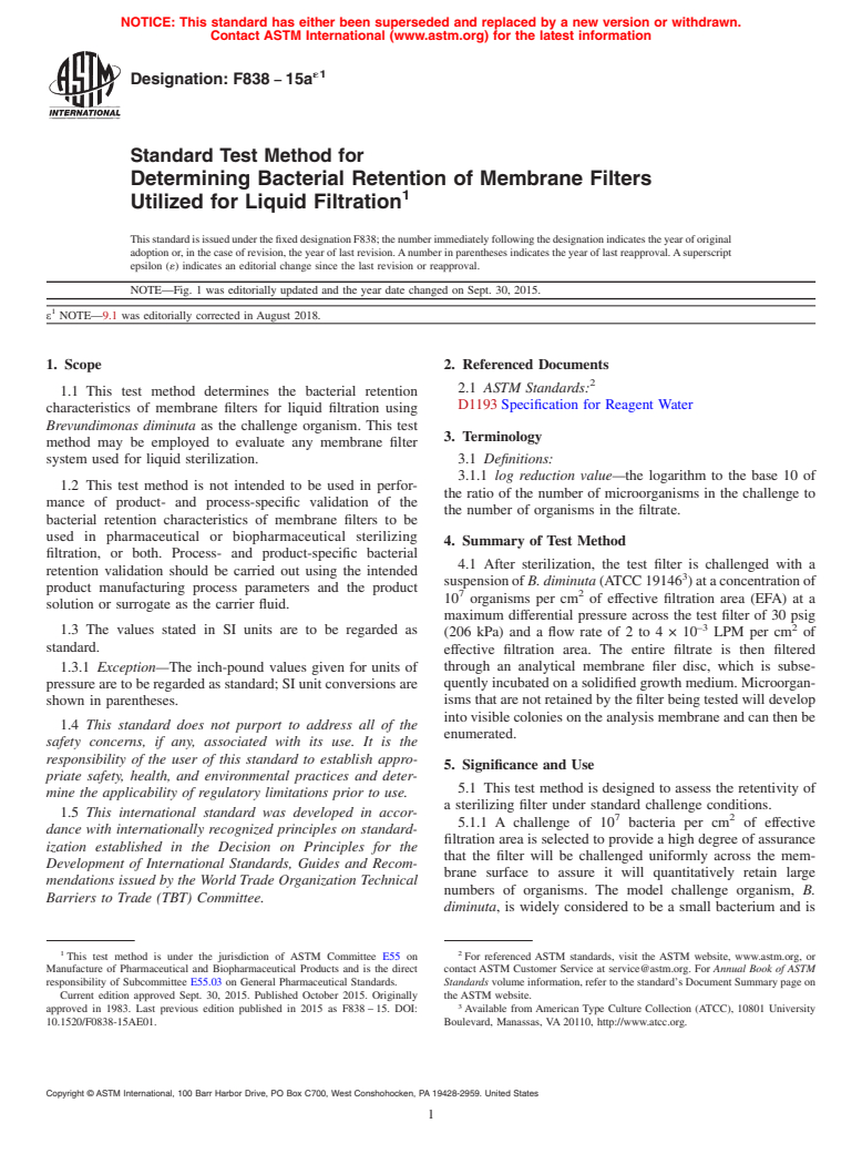 ASTM F838-15ae1 - Standard Test Method for  Determining Bacterial Retention of Membrane Filters Utilized for Liquid Filtration