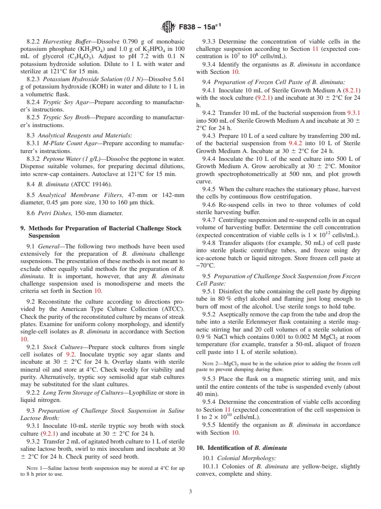 ASTM F838-15ae1 - Standard Test Method for  Determining Bacterial Retention of Membrane Filters Utilized for Liquid Filtration