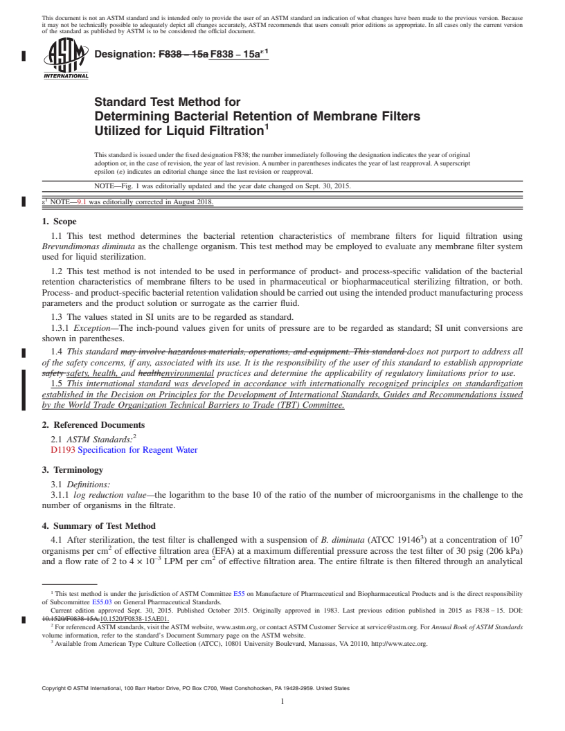 REDLINE ASTM F838-15ae1 - Standard Test Method for  Determining Bacterial Retention of Membrane Filters Utilized for Liquid Filtration