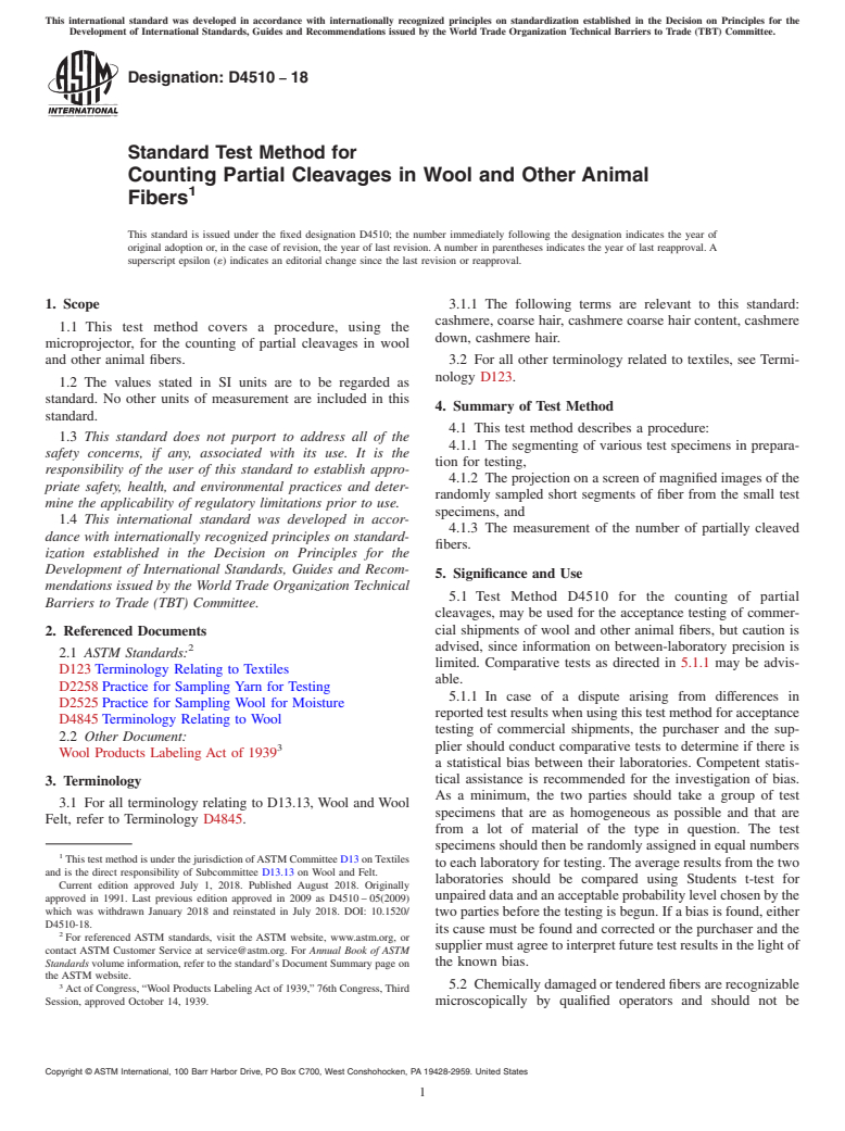 ASTM D4510-18 - Standard Test Method for  Counting Partial Cleavages in Wool and Other Animal Fibers