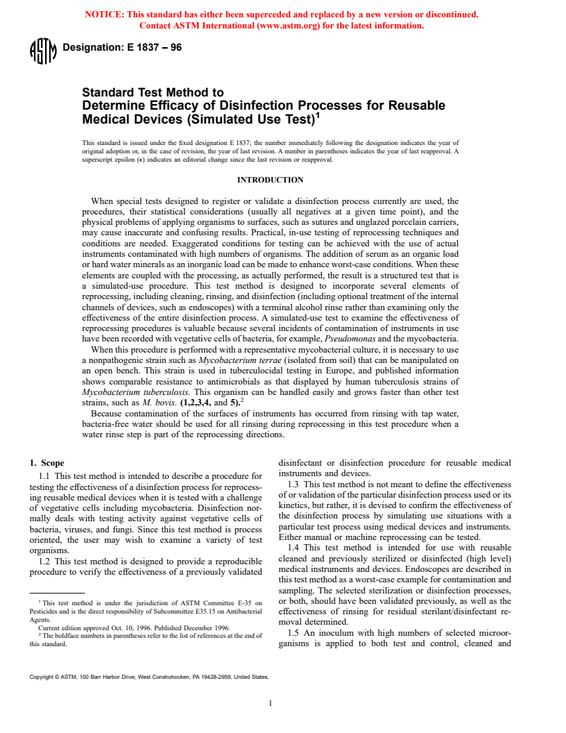 ASTM E1837-96 - Standard Test Method to Determine Efficacy of Disinfection Processes for Reusable Medical Devices (Simulated Use Test)