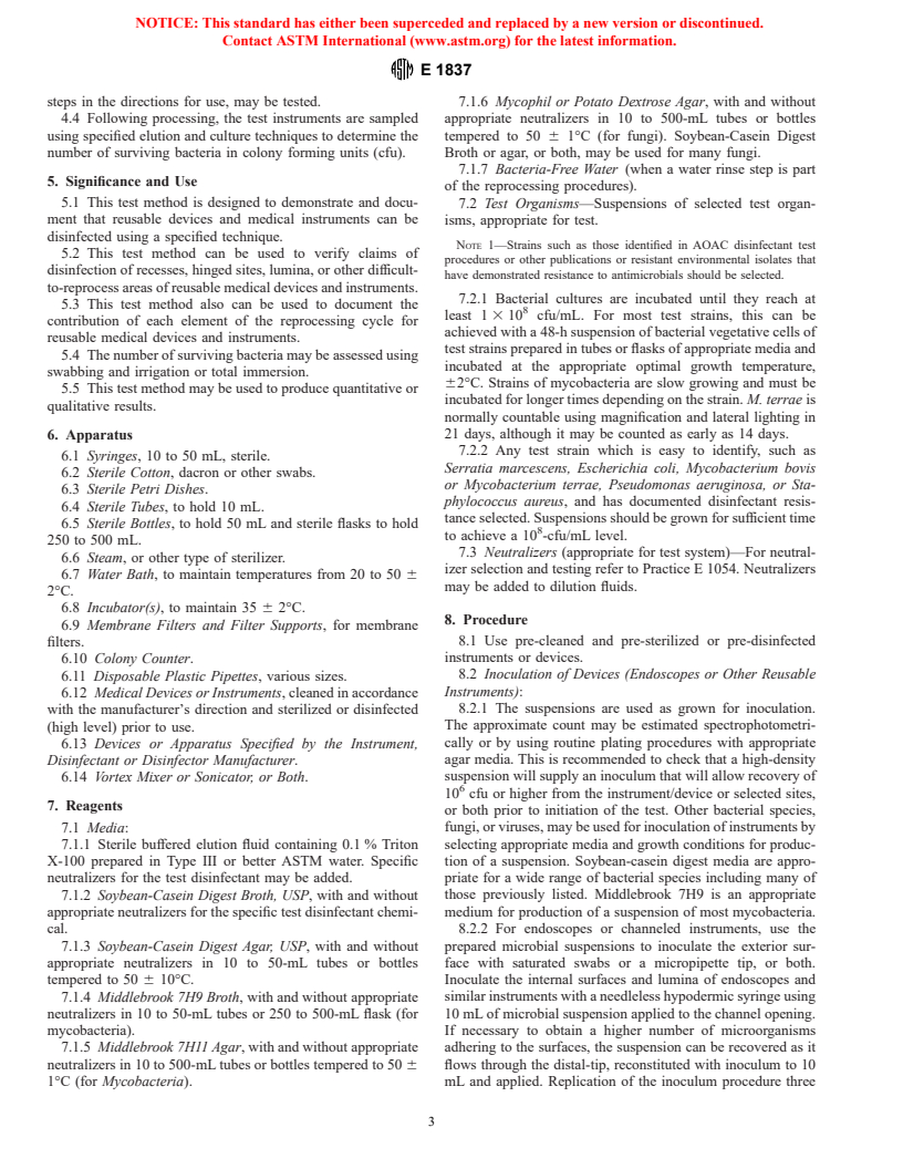 ASTM E1837-96 - Standard Test Method to Determine Efficacy of Disinfection Processes for Reusable Medical Devices (Simulated Use Test)