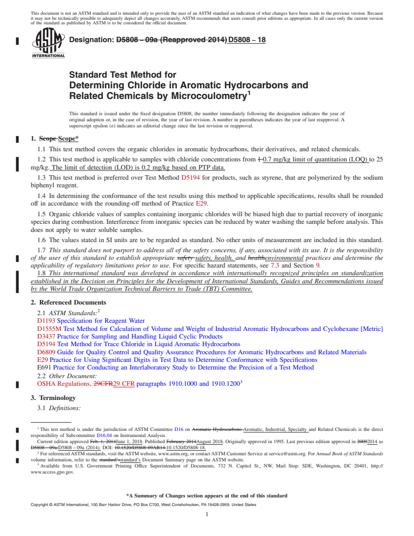 REDLINE ASTM D5808-18 - Standard Test Method for Determining Chloride in Aromatic Hydrocarbons and Related Chemicals      by Microcoulometry