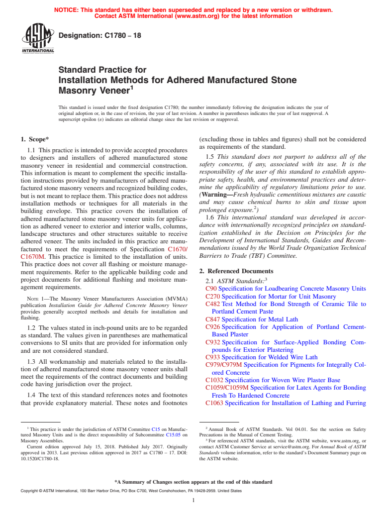 ASTM C1780-18 - Standard Practice for Installation Methods for Adhered Manufactured Stone Masonry  Veneer