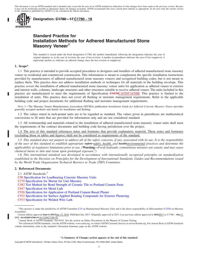 REDLINE ASTM C1780-18 - Standard Practice for Installation Methods for Adhered Manufactured Stone Masonry  Veneer