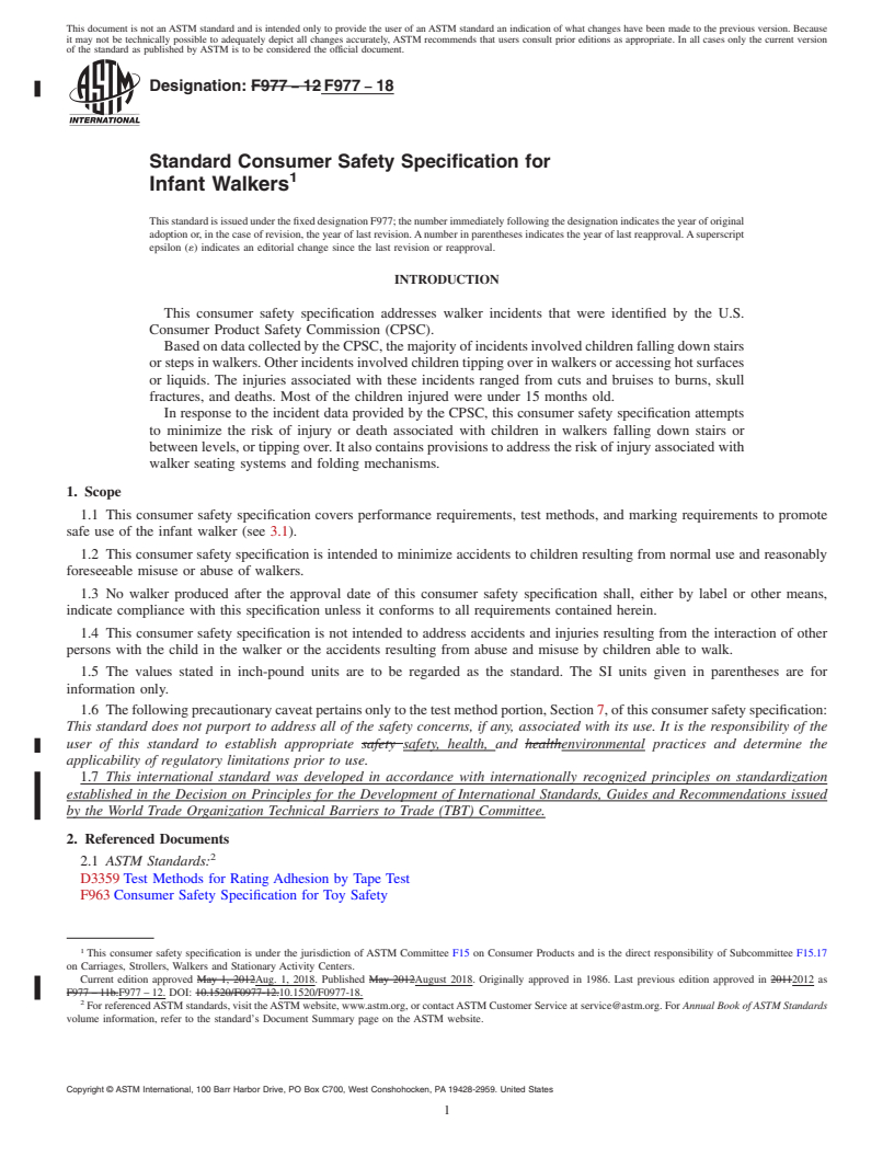 REDLINE ASTM F977-18 - Standard Consumer Safety Specification for  Infant Walkers