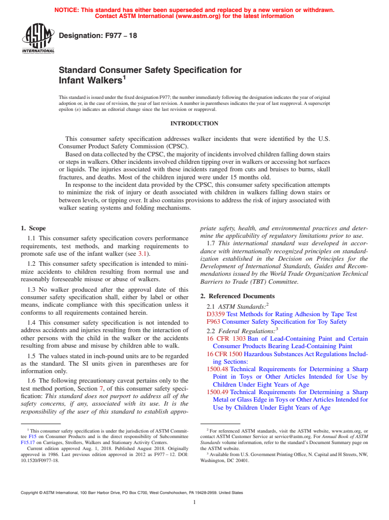 ASTM F977-18 - Standard Consumer Safety Specification for  Infant Walkers