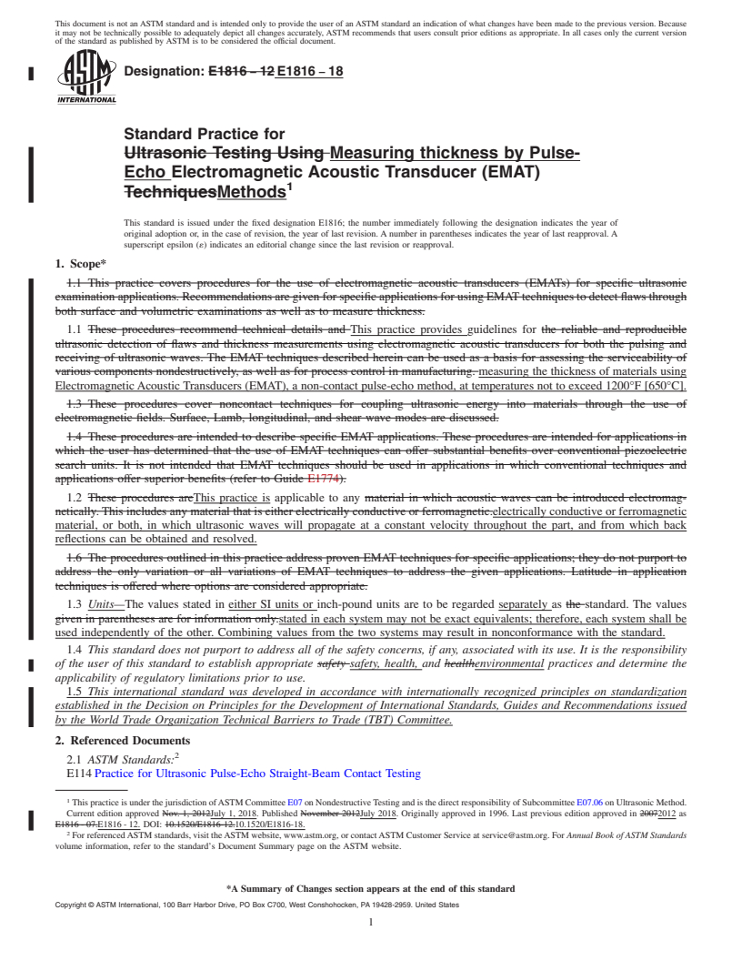 REDLINE ASTM E1816-18 - Standard Practice for  Measuring thickness by Pulse-Echo Electromagnetic Acoustic  Transducer (EMAT) Methods