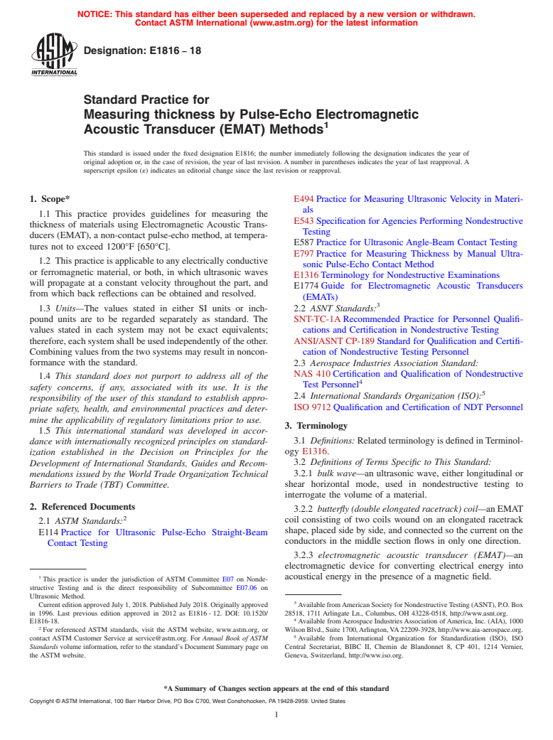 ASTM E1816-18 - Standard Practice for  Measuring thickness by Pulse-Echo Electromagnetic Acoustic  Transducer (EMAT) Methods