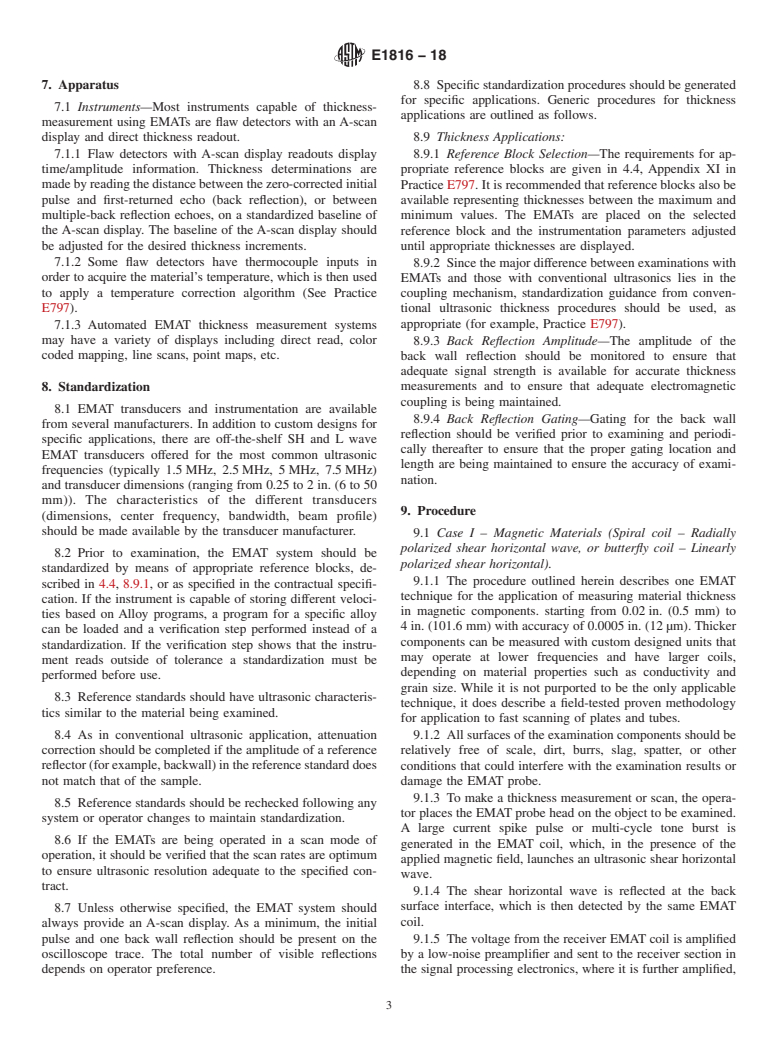 ASTM E1816-18 - Standard Practice for  Measuring thickness by Pulse-Echo Electromagnetic Acoustic  Transducer (EMAT) Methods