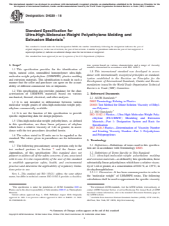 ASTM D4020-18 ASTM D4020-18 - Standard Specification for Ultra-High-Molecular-Weight Polyethylene Molding and Extrusion Materials - Page 1 preview